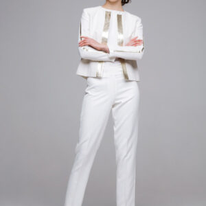 Deborah Veale DVJ2.2- Self Stripe Wool Jacket with Leather Gold trim